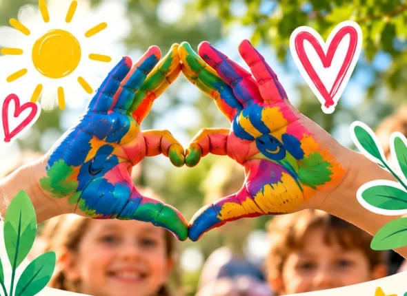 Des mains d'enfants colorées formant un cœur